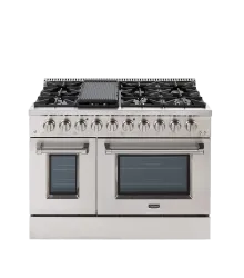 Fogão Freestanding Austin 120 Crissair em inox, vista frontal com chapa grill e dois fornos