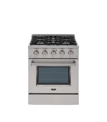 Fogão Freestanding Austin 75 Crissair em inox, vista frontal de cinco bocas com forno