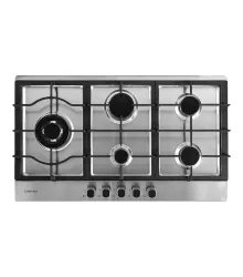 Cooktop Fuoco 75 Crissair a gás, mesa em inox com cinco bocas e grades de ferro, vista de cima