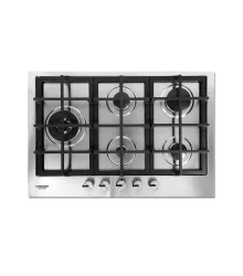 Cooktop Semi-Filo 75 Crissair a gás, mesa em inox com cinco bocas e grades de ferro, vista de cima