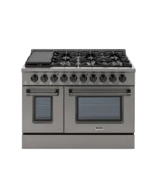 Fogão Freestanding Austin Black 120 Crissair, vista frontal de oito bocas com chapa grill e dois fornos