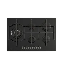 Cooktop Crystal 75 Crissair a gás, vidro preto com cinco queimadores e grades de ferro, visto de cima
