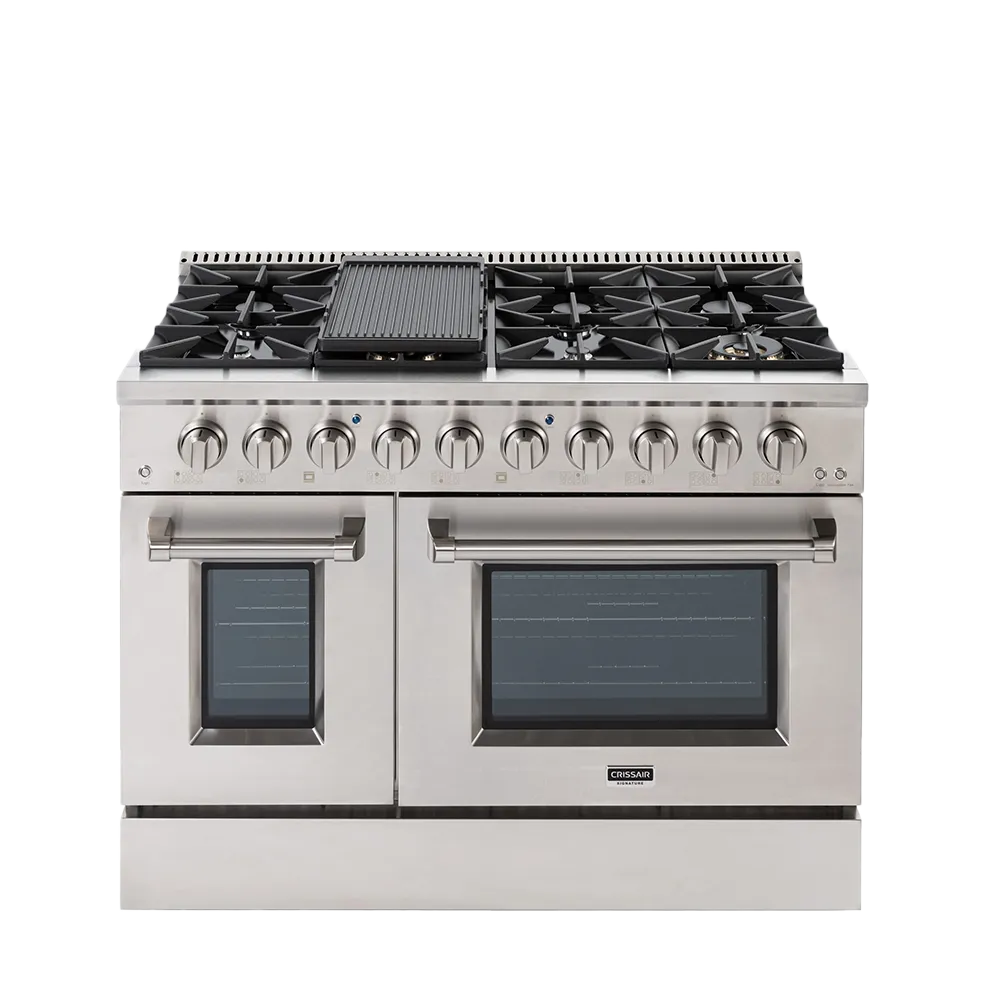 Fogão Freestanding Austin 120 Crissair em inox, vista frontal com chapa grill e dois fornos