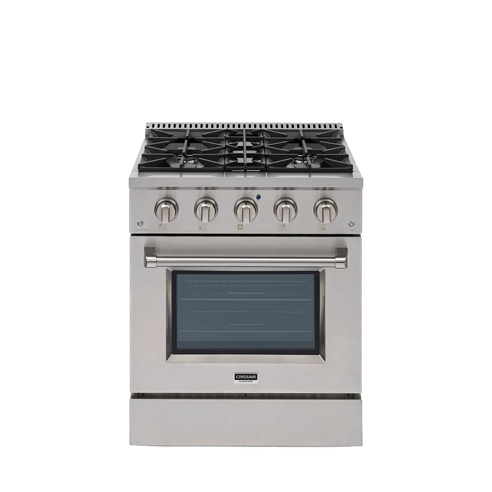 Fogão Freestanding Austin 75 Crissair em inox, vista frontal de cinco bocas com forno