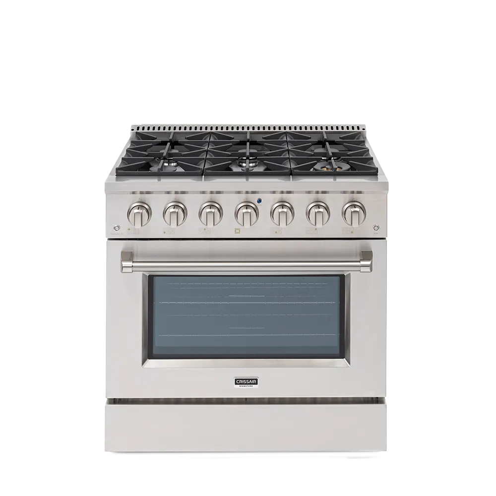Fogão Freestanding Austin 90 Crissair em inox, vista frontal de seis bocas com forno