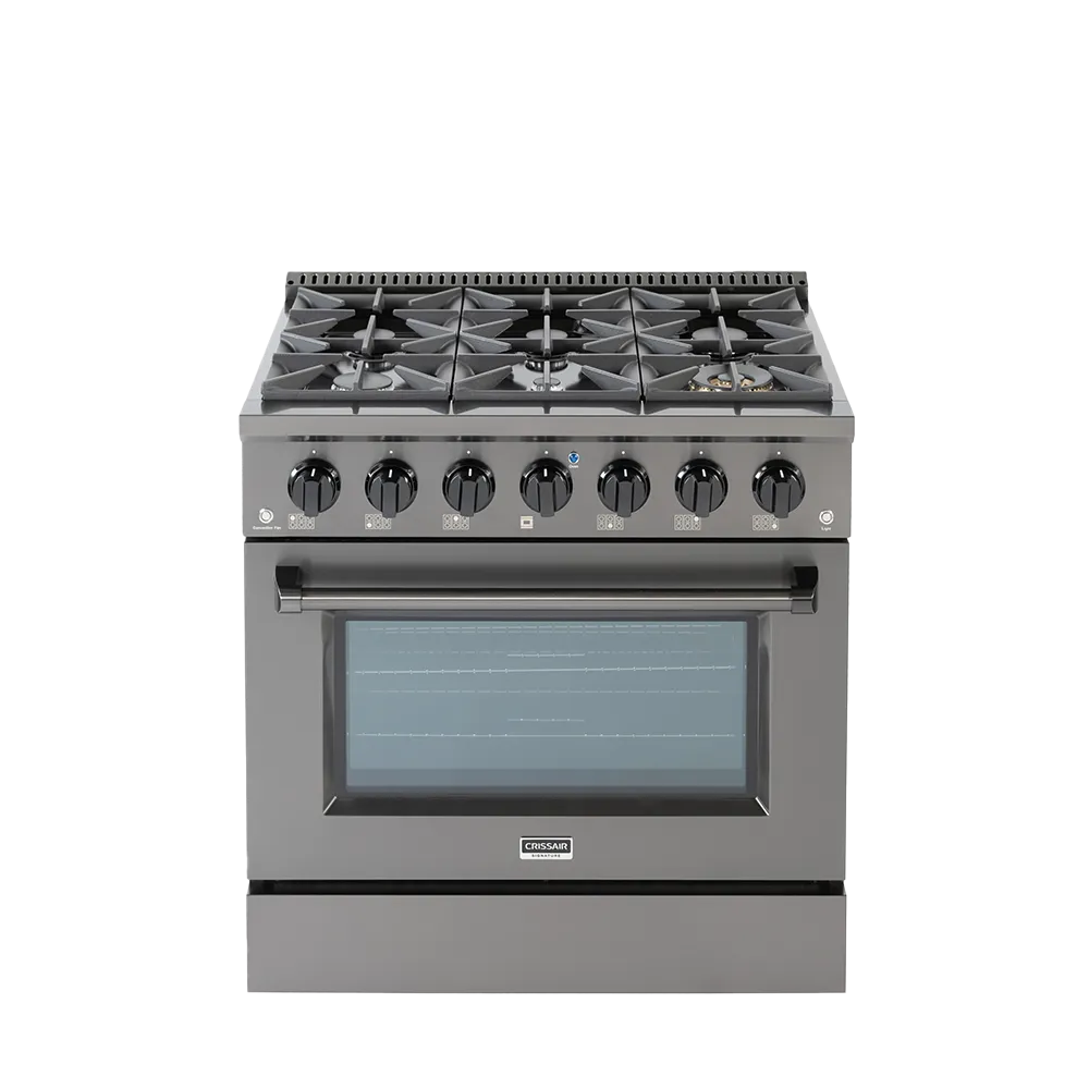 Fogão Freestanding Austin Black 90 Crissair, vista frontal de seis bocas com acabamento grafite