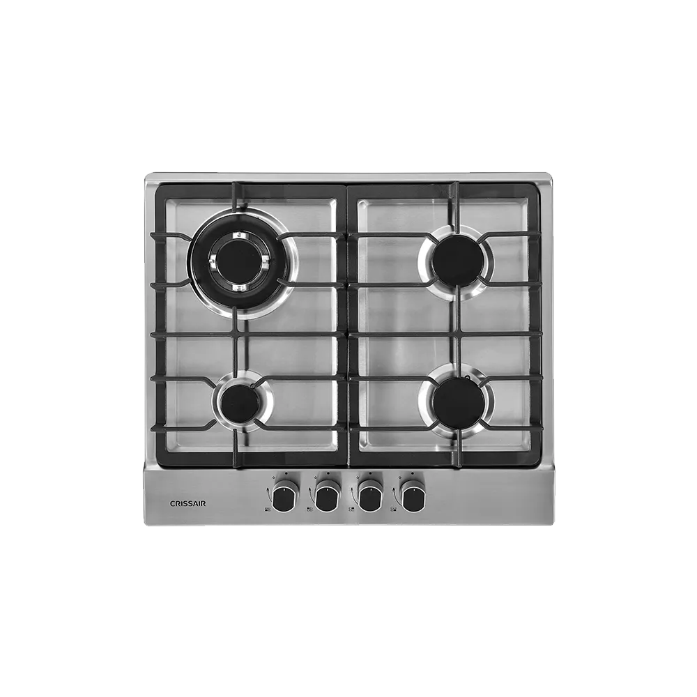 Cooktop Fuoco 60 Crissair a gás, mesa em inox com quatro bocas e grades de ferro, vista de cima