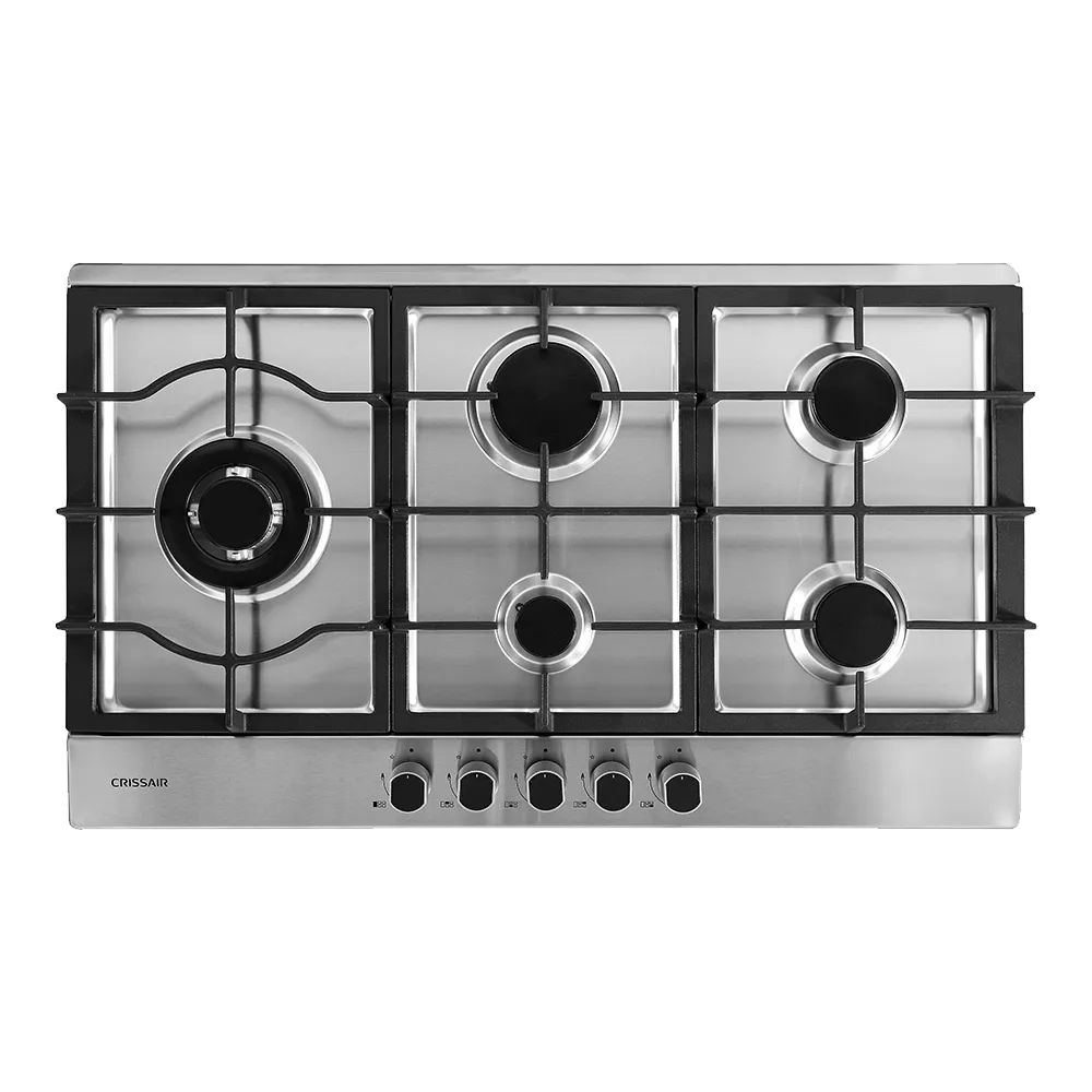 Cooktop Fuoco 75 Crissair a gás, mesa em inox com cinco bocas e grades de ferro, vista de cima
