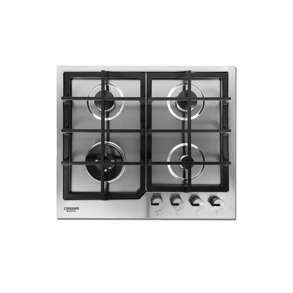 Cooktop Semi-Filo 60 Crissair a gás, mesa em inox com quatro bocas e grades de ferro, vista de cima