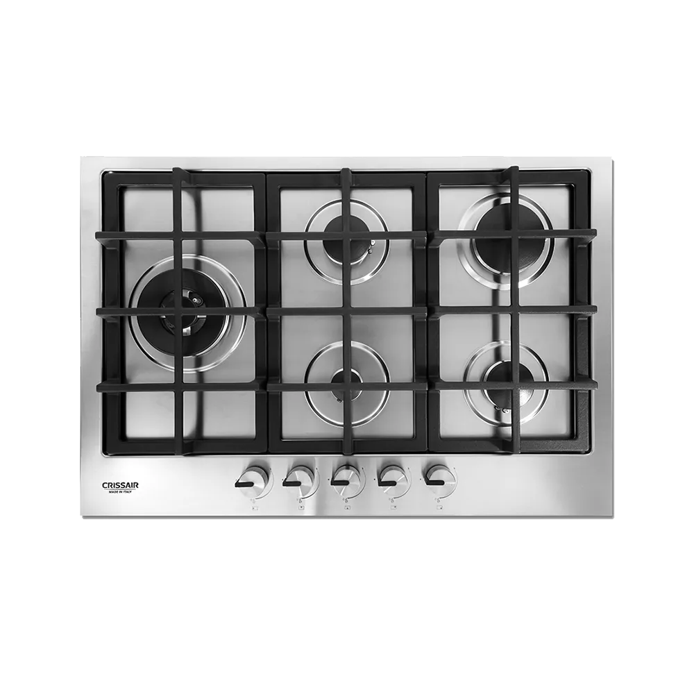 Cooktop Semi-Filo 75 Crissair a gás, mesa em inox com cinco bocas e grades de ferro, vista de cima