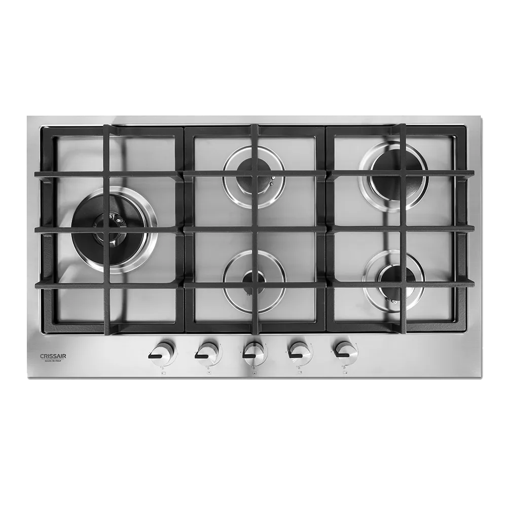 Cooktop Semi-Filo 90 Crissair a gás, mesa em inox de 90 cm com cinco bocas, vista de cima