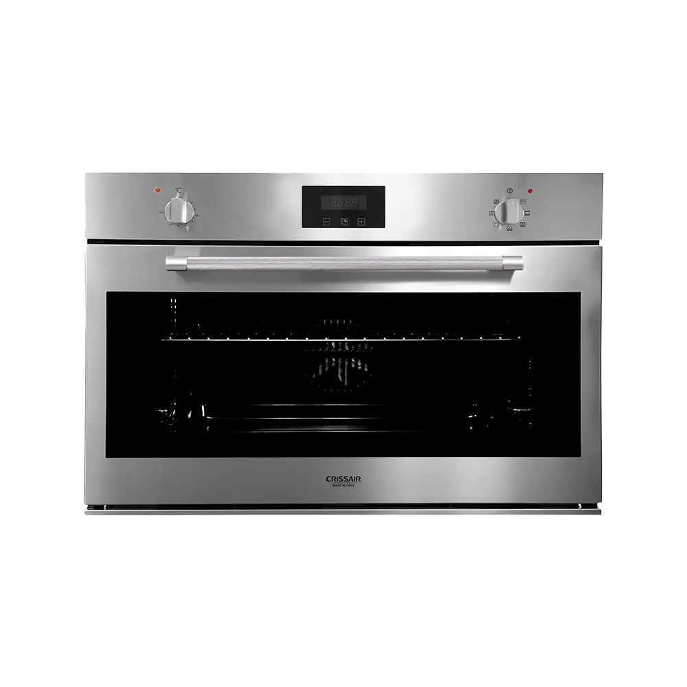 Forno Elétrico BIG 90 Crissair de embutir, vista frontal com moldura em inox e vidro preto