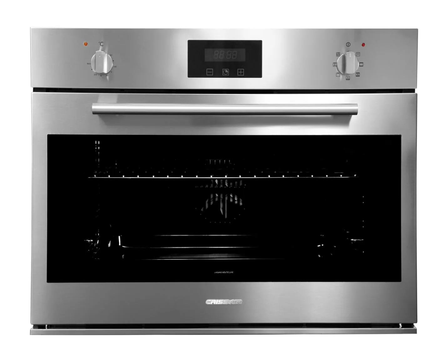 Forno Big 75 Crissair elétrico de embutir, vista frontal com display e dois botões em inox