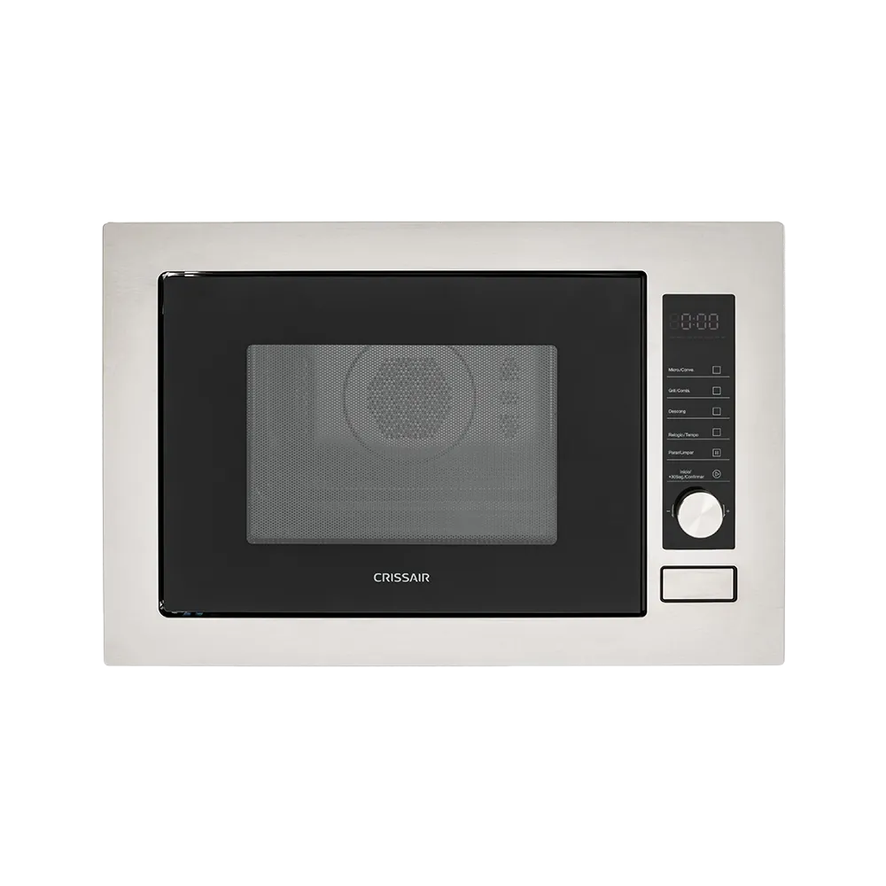 Micro-ondas Song Crissair de embutir, vista frontal com moldura em inox e vidro preto