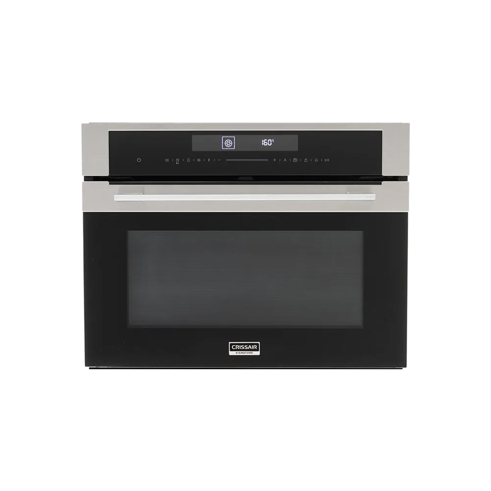 Forno Oven Grill Combinato Crissair de embutir, vista frontal com moldura em inox e vidro preto