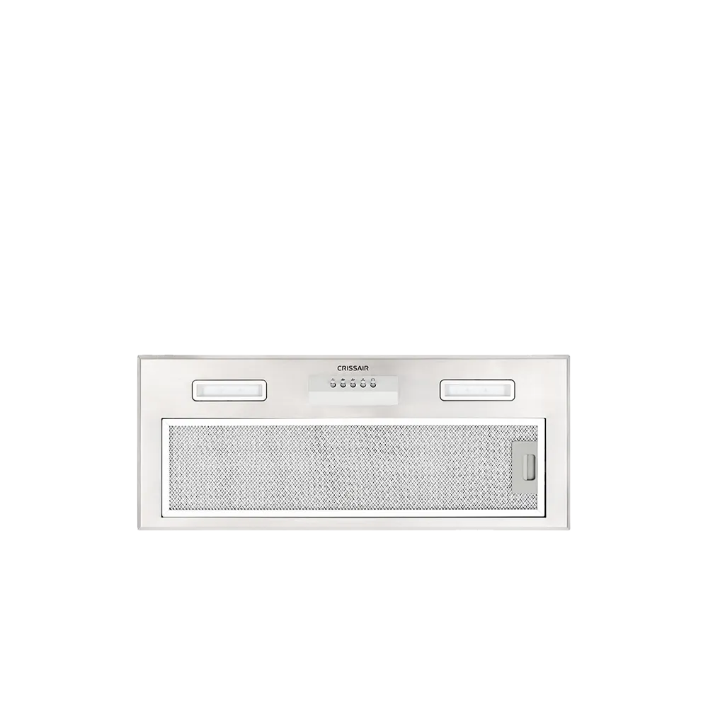 Coifa de Embutir Inox 70 Crissair vista de baixo, com o filtro metálico e o painel de botões