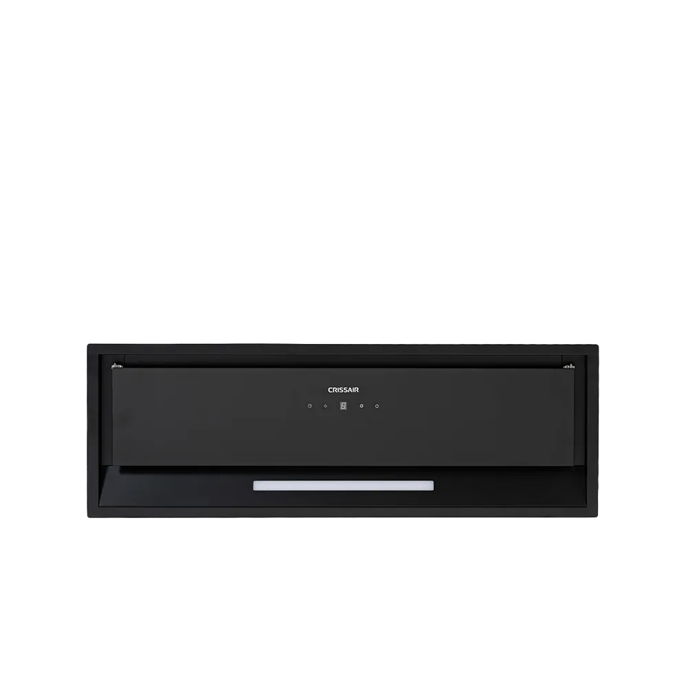 Coifa de Embutir Black 85 Crissair de frente, acabamento preto com iluminação LED linear