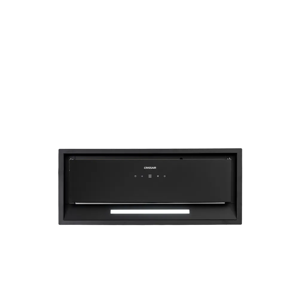 Coifa de Embutir Black 70 Crissair de frente, acabamento preto com iluminação LED linear