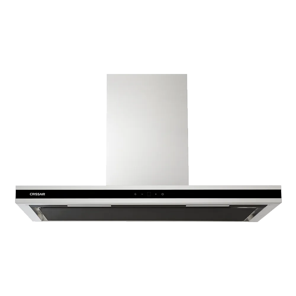 Coifa Soft 90 Crissair de parede, vista frontal do corpo em inox com faixa preta
