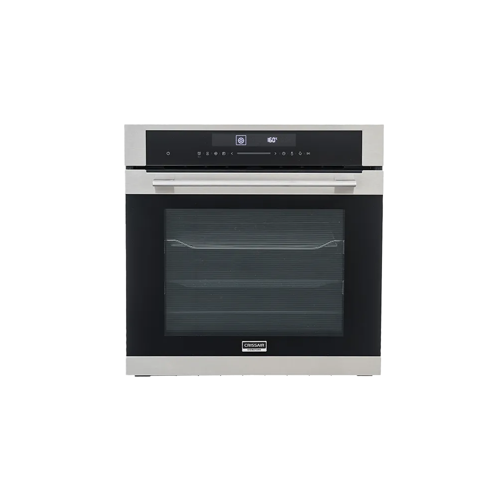 Forno Oven Grill Crissair de embutir, vista frontal com moldura em inox e vidro preto