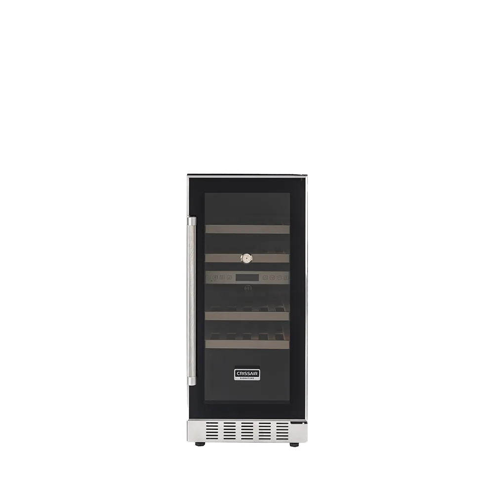 Adega Duo 31Di Crissair fechada, com moldura em inox e puxador vertical
