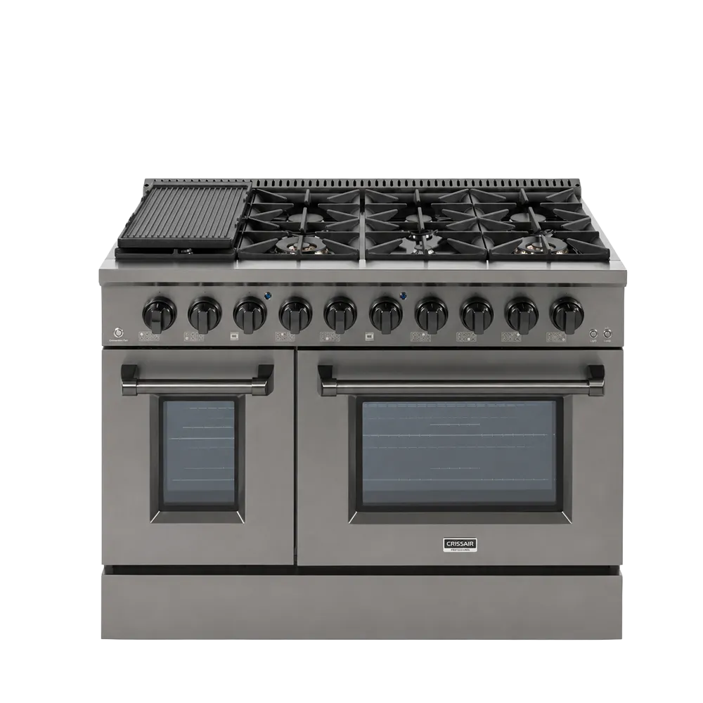 Fogão Freestanding Austin Black 120 Crissair, vista frontal de oito bocas com chapa grill e dois fornos