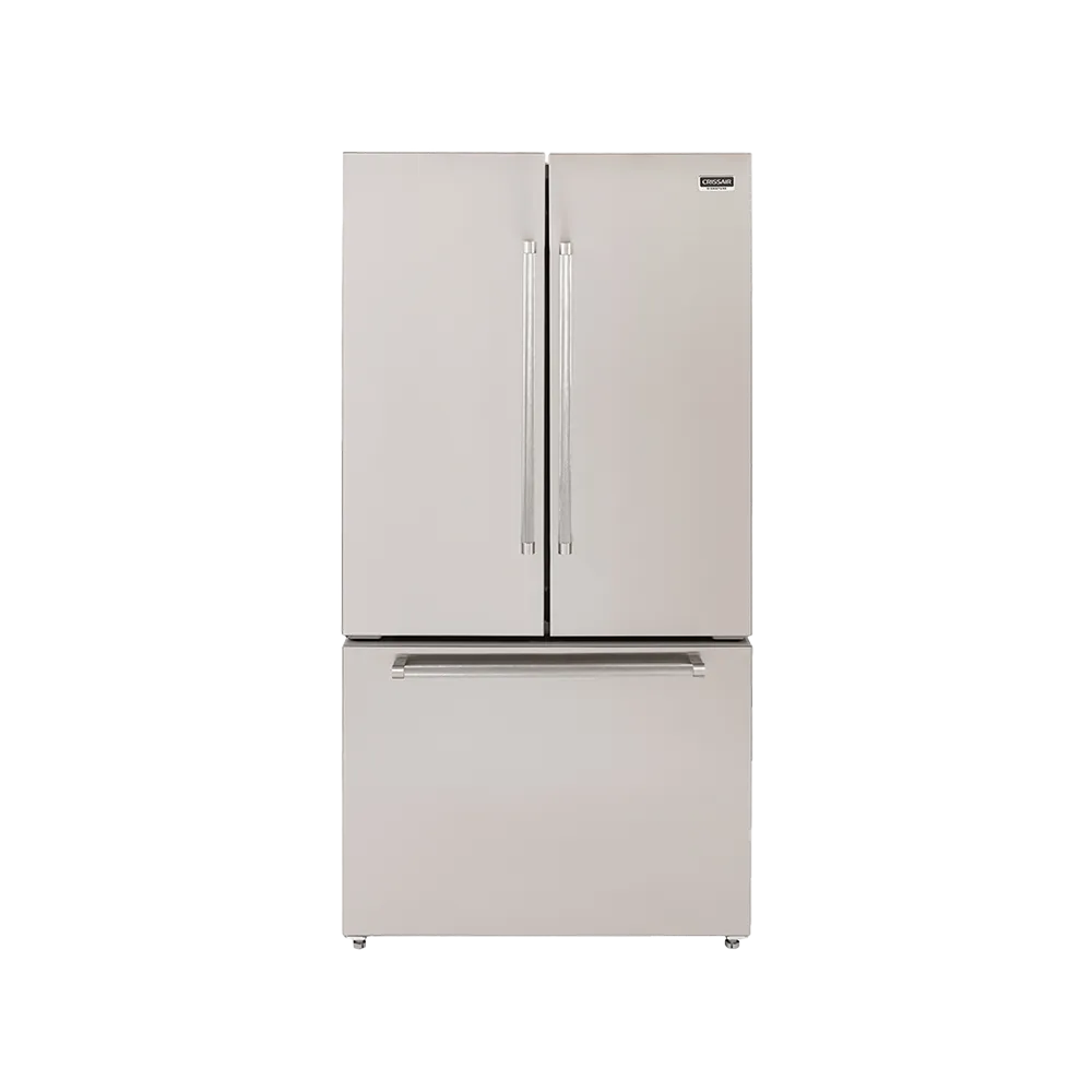 Refrigerador French Door 580 Crissair em inox, vista frontal com duas portas e gaveta de freezer