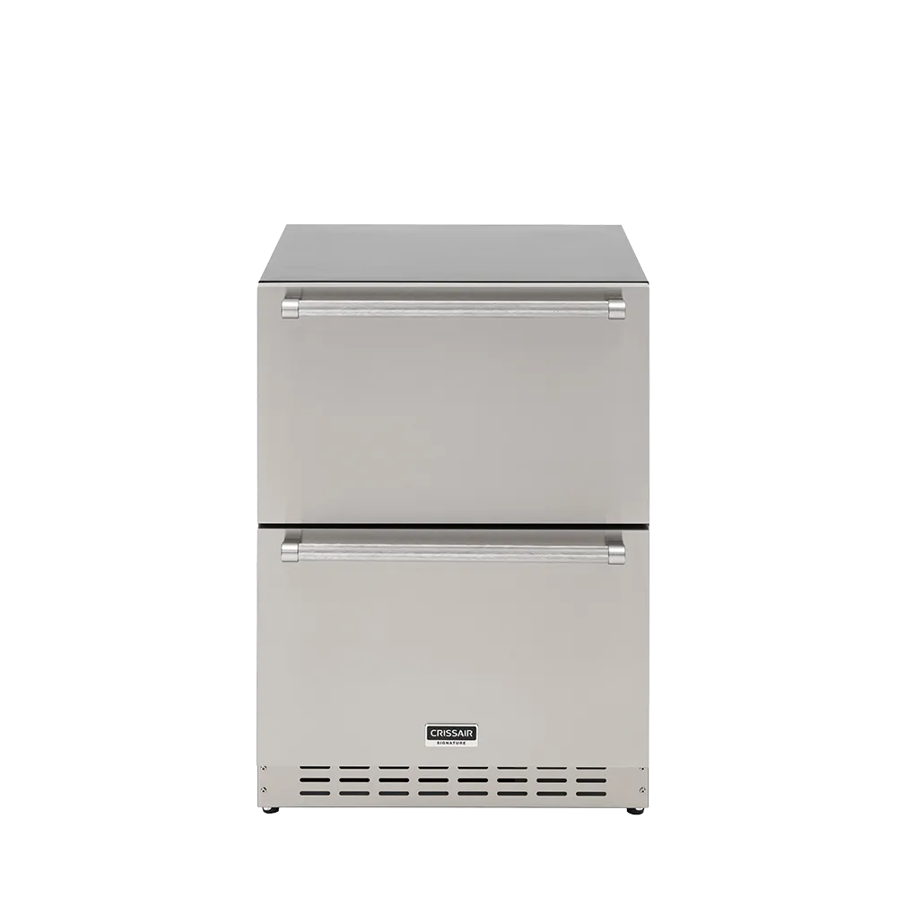 Gaveta Refrigerada Crissair de duas gavetas em inox, vista frontal com puxadores tubulares