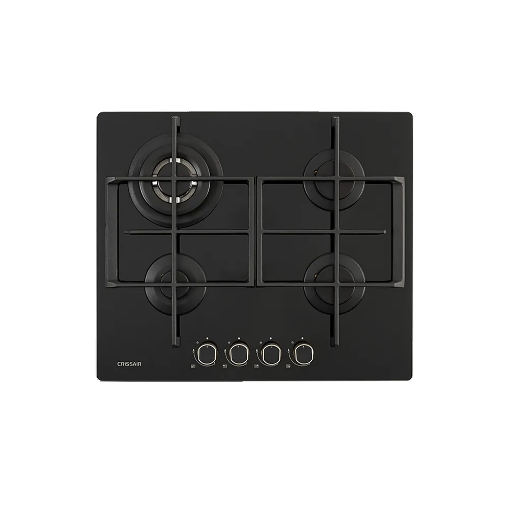 Cooktop Crystal 60 Crissair a gás, vista superior do vidro preto com quatro bocas