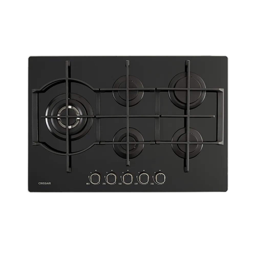 Cooktop Crystal 75 Crissair a gás, vidro preto com cinco queimadores e grades de ferro, visto de cima