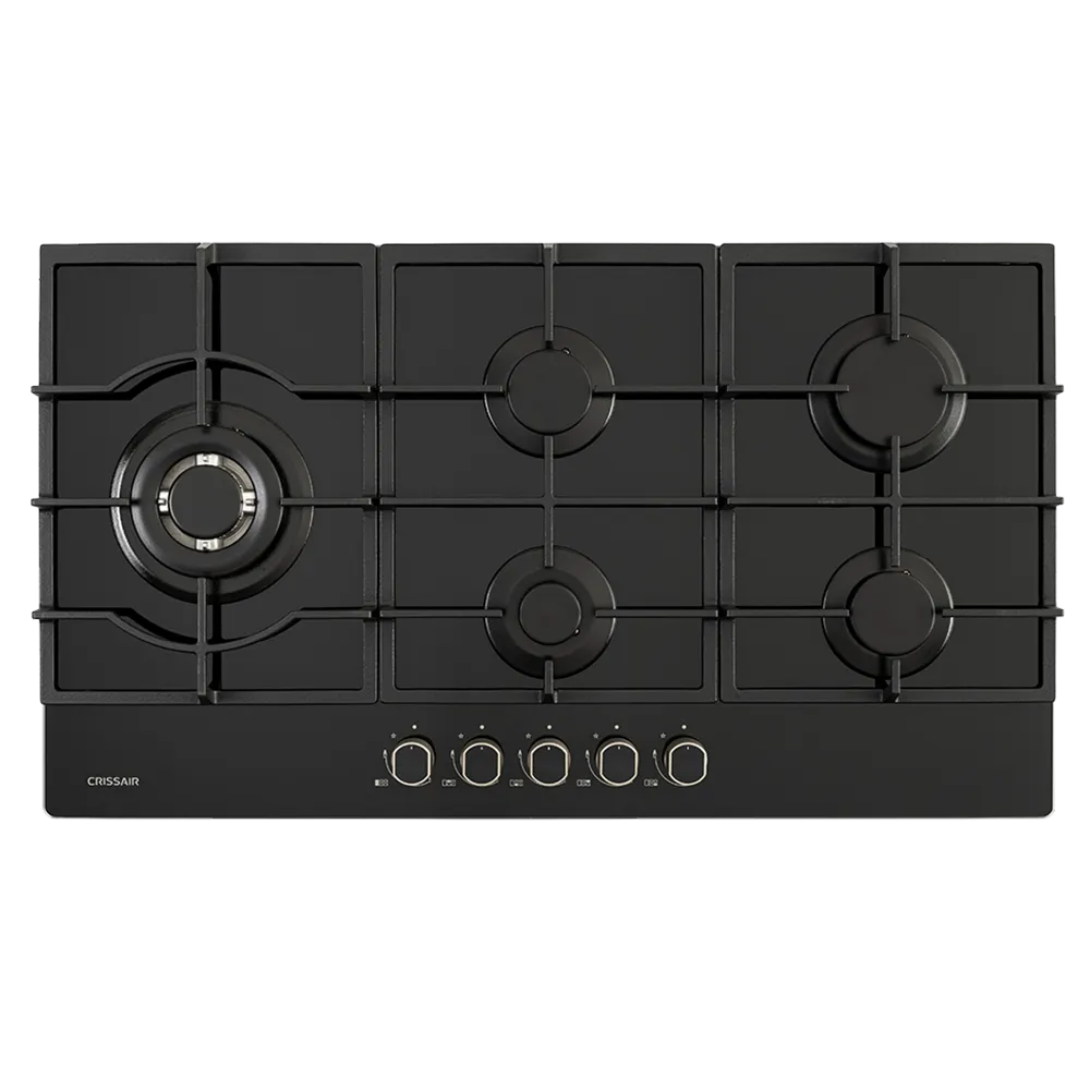 Cooktop Crystal 90 Crissair a gás, vidro preto de 90 cm com cinco queimadores, visto de cima