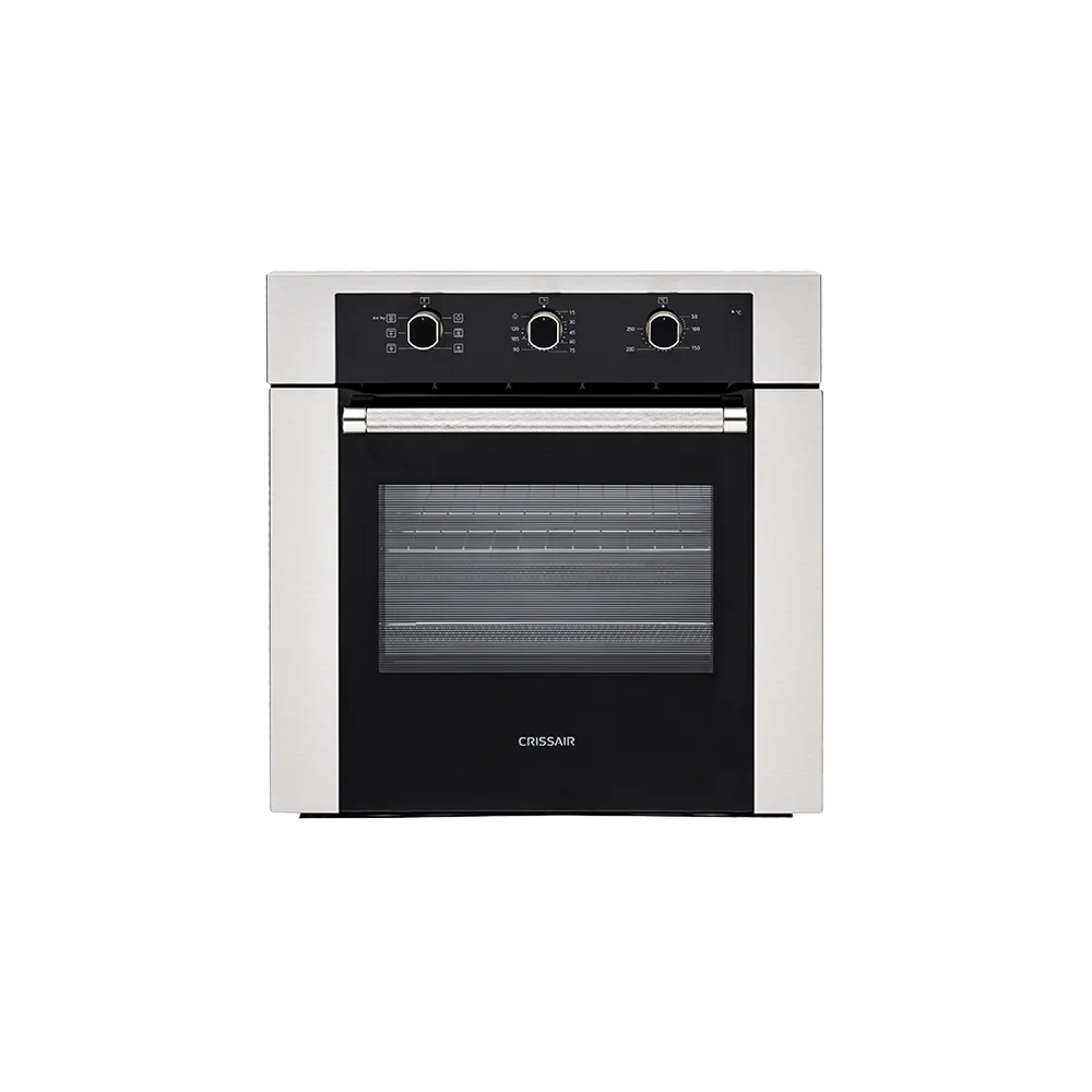 Forno Aria Fry Crissair de embutir, vista frontal com painel em inox e vidro preto
