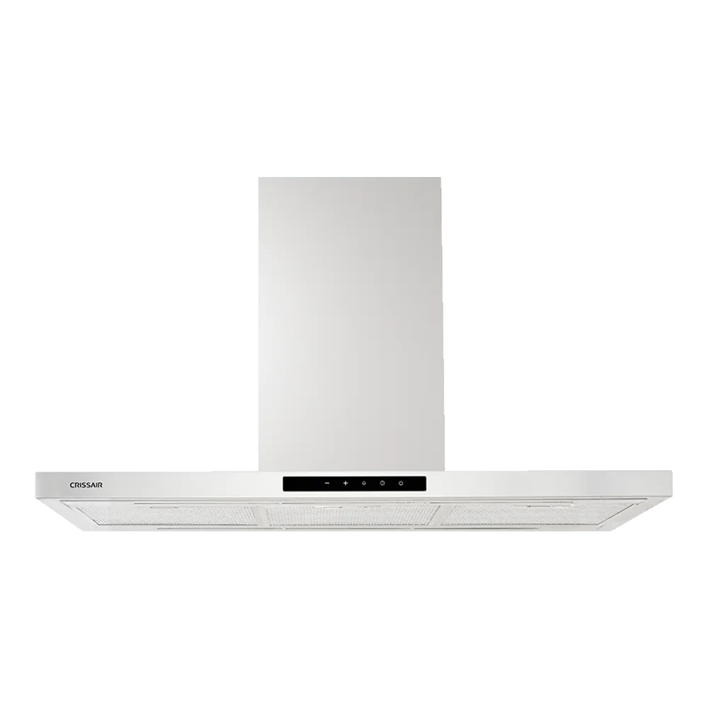 Coifa Slim Isola Crissair de teto em inox, vista frontal com painel touch e filtros de alumínio