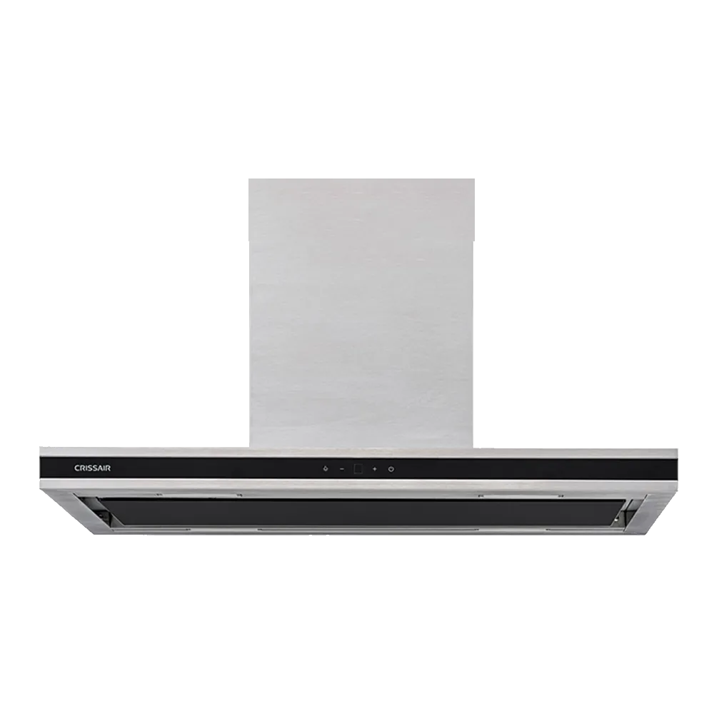 Coifa Soft Isola Crissair de teto, vista frontal em inox com chaminé quadrada