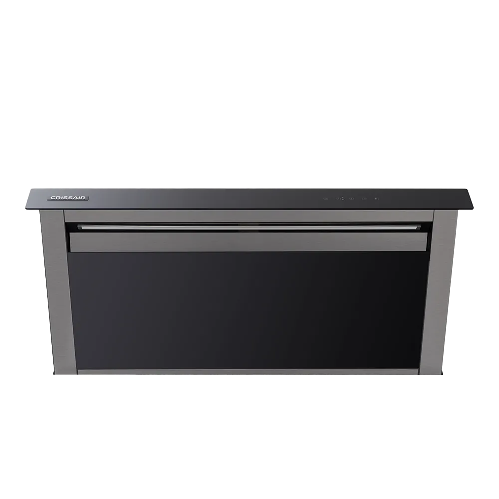 Coifa Down Draft Crissair de bancada, painel preto retrátil com moldura em inox