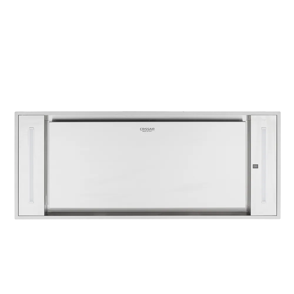 Coifa Roof Plane Crissair de teto, vista frontal do painel em inox com iluminação nas laterais