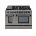 Fogão Freestanding Austin Black 120 Crissair, vista frontal com oito bocas, chapa e dois fornos