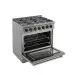 Fogão Freestanding Austin Black 90 Crissair em ângulo com o forno aberto e a gaveta estendida
