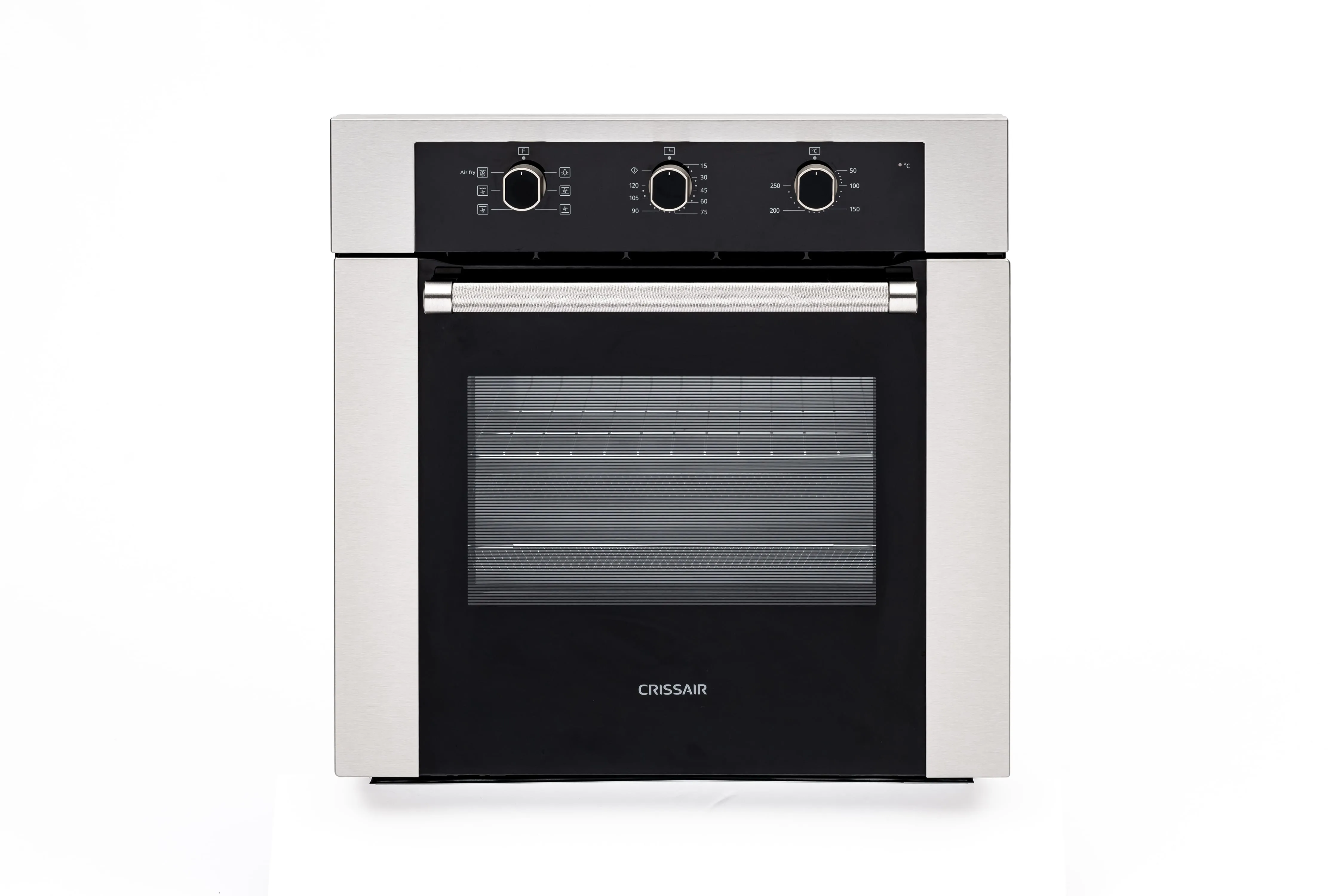 Forno Aria Fry Crissair de embutir, com painel em inox e porta de vidro preto