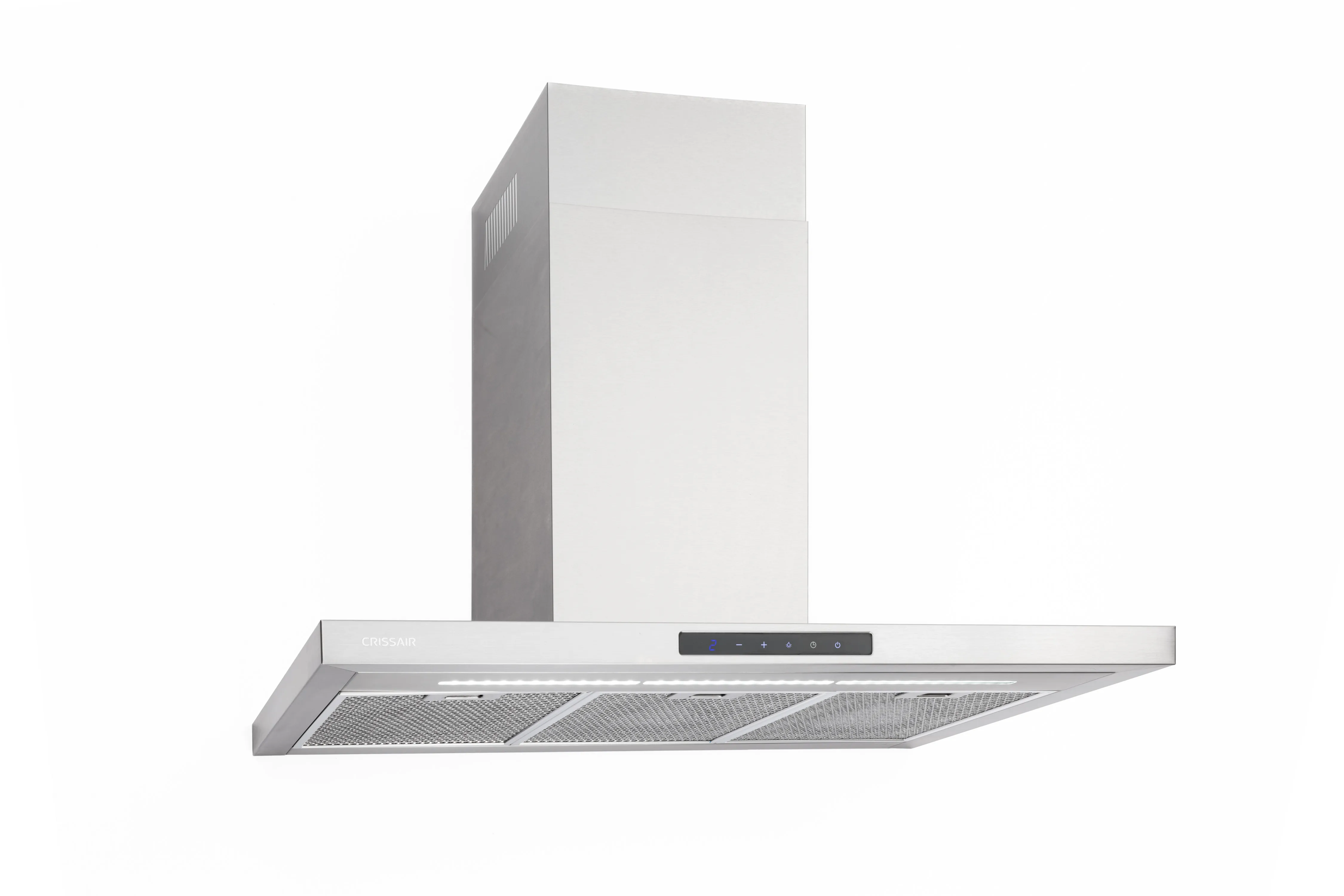 Coifa Slim Isola Crissair em inox, com chaminé reta e painel de comandos na borda