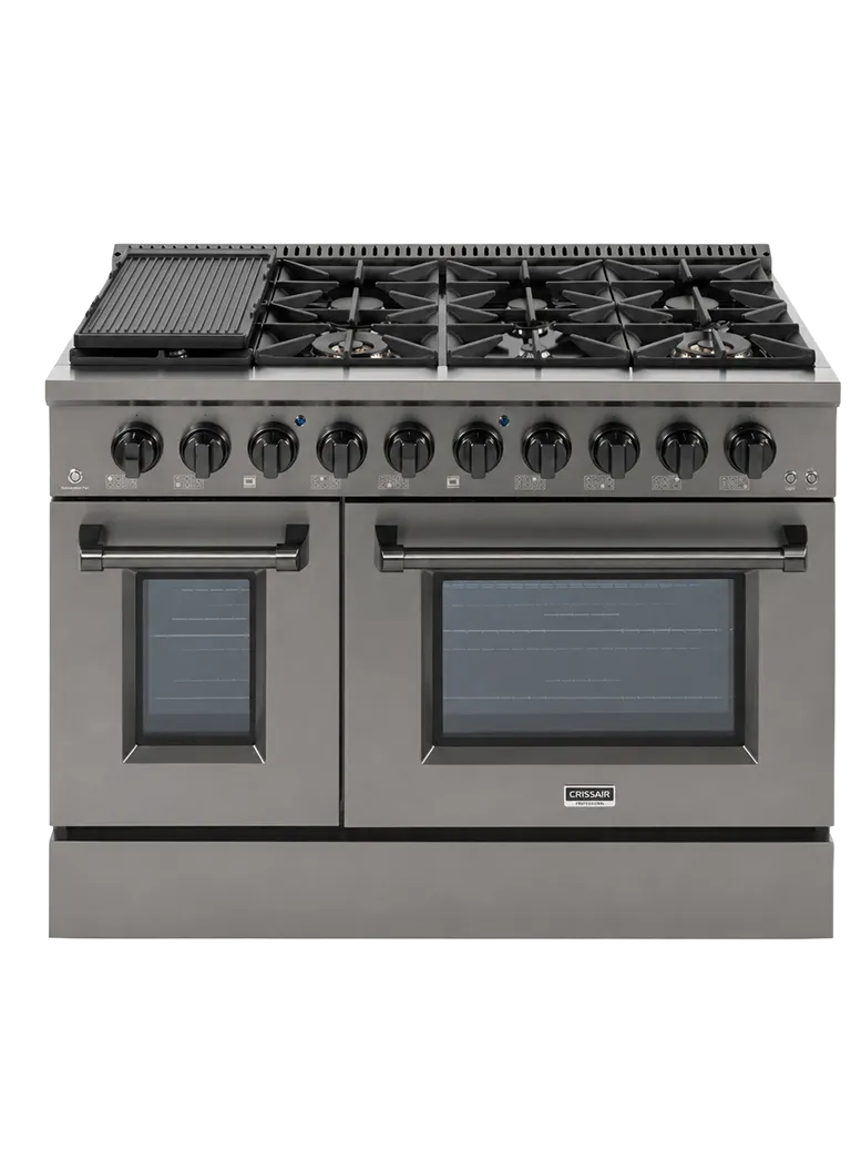 Fogão Freestanding Austin Black 120 Crissair, oito bocas, chapa e dois fornos em grafite