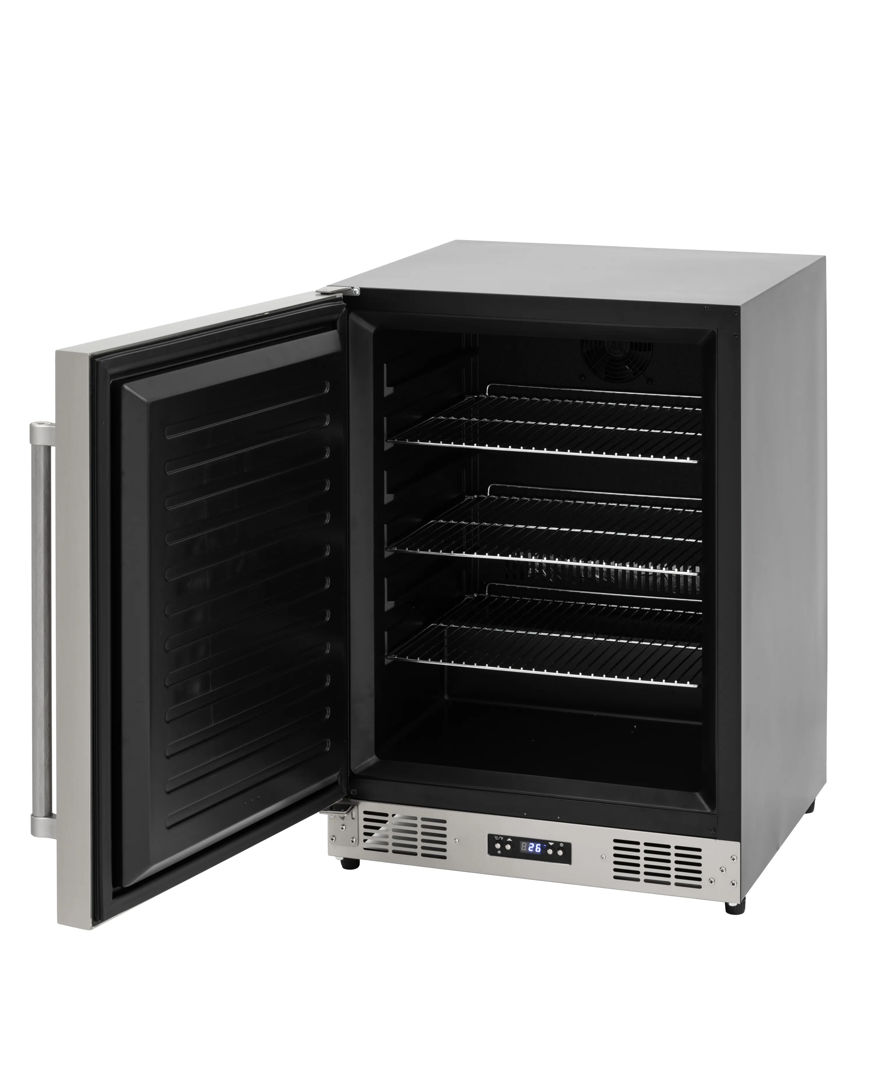 Freezer Undercounter Crissair aberto, com as prateleiras aramadas e o evaporador expostos