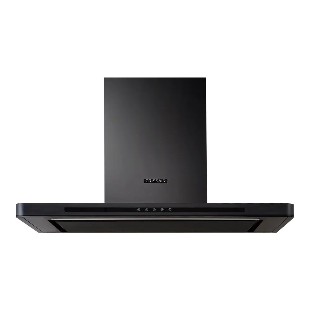 Coifa Drito Plane Black Crissair de parede, corpo preto com painel de comandos frontal